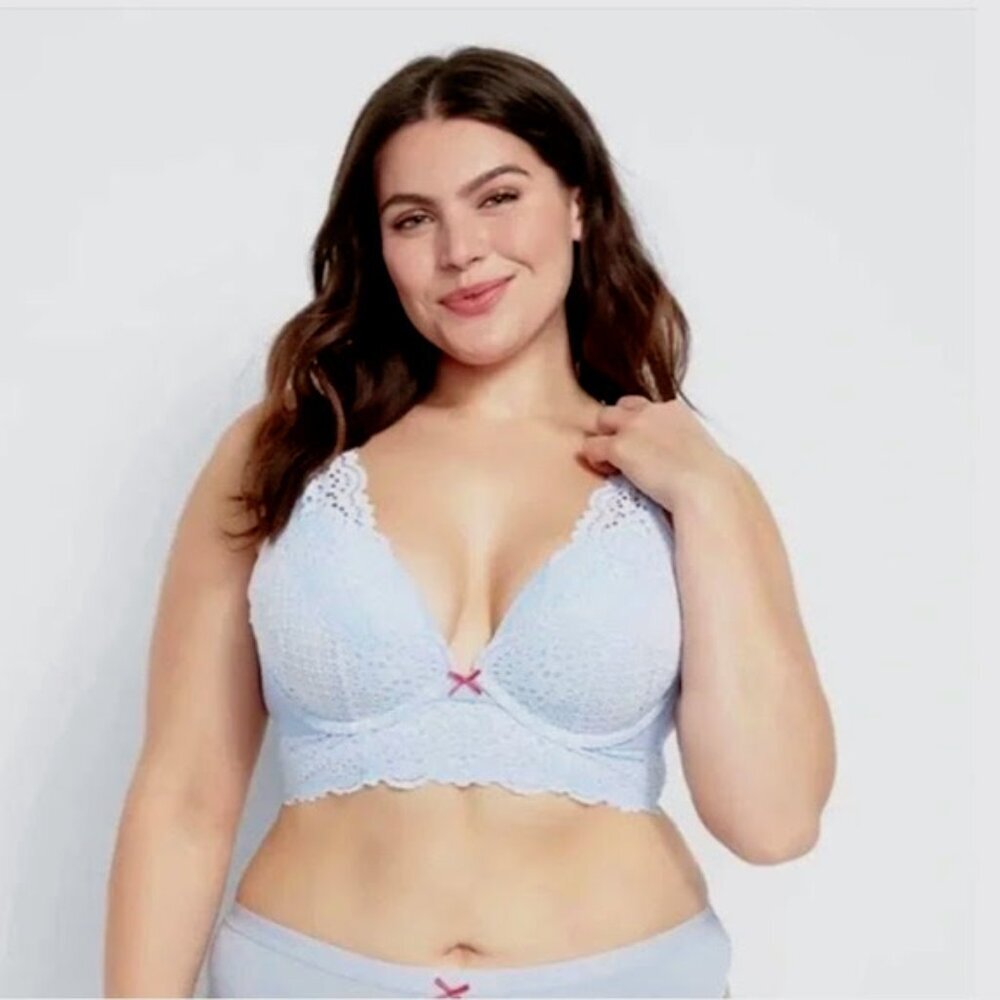 CACIQUE Boost Plunge Bra 42D Light Blue Lace Eyelet Baby Doll Feminine Sexy